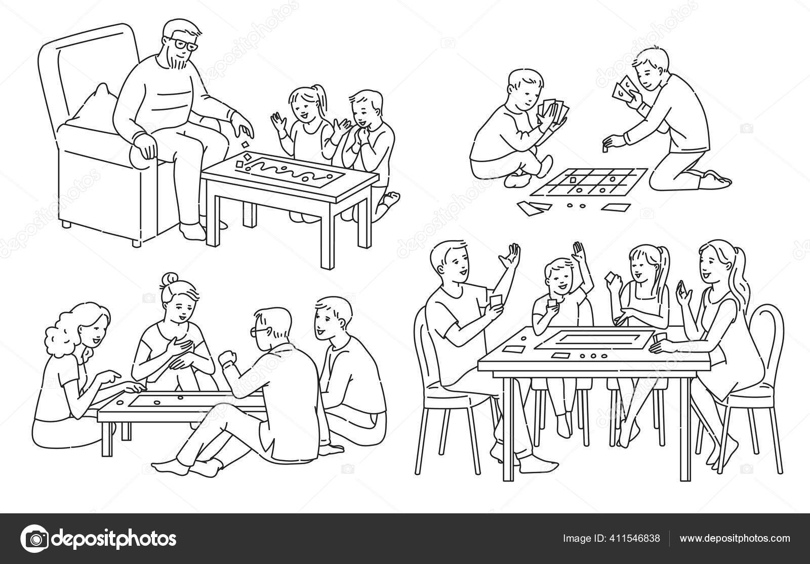 Conjunto de arte de linha de pessoas jogando jogos de tabuleiro